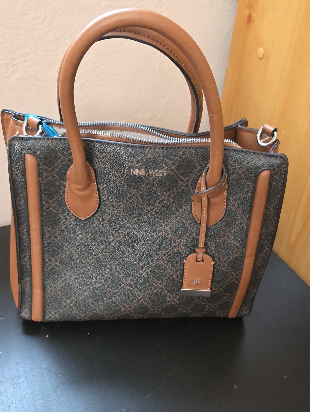 Nine West Brown Monogram Pattern Satchel with Tan Trim